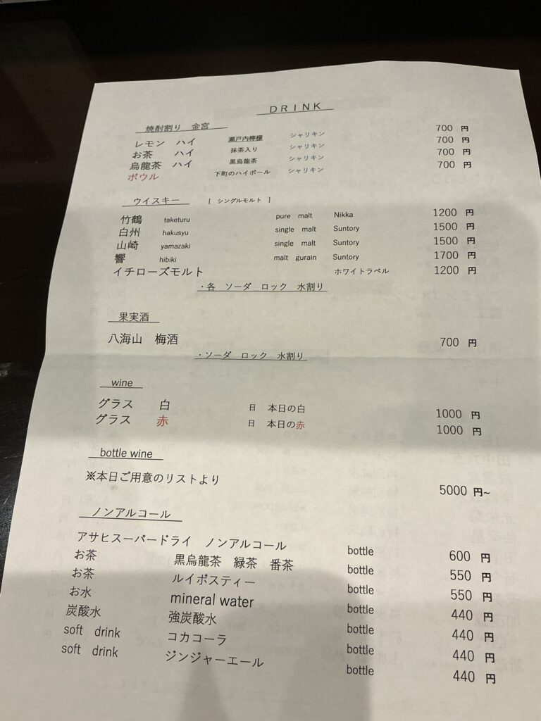 酒亭田中のメニュー