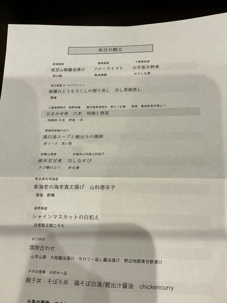 酒亭田中のメニュー