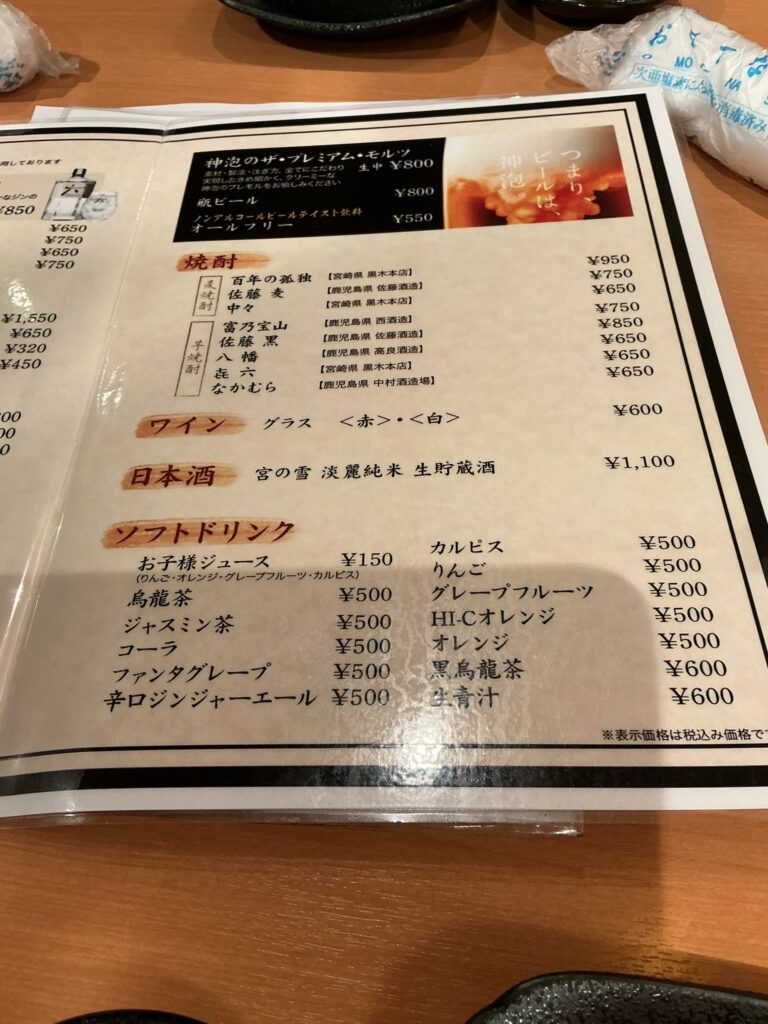 焼肉しみずのメニュー