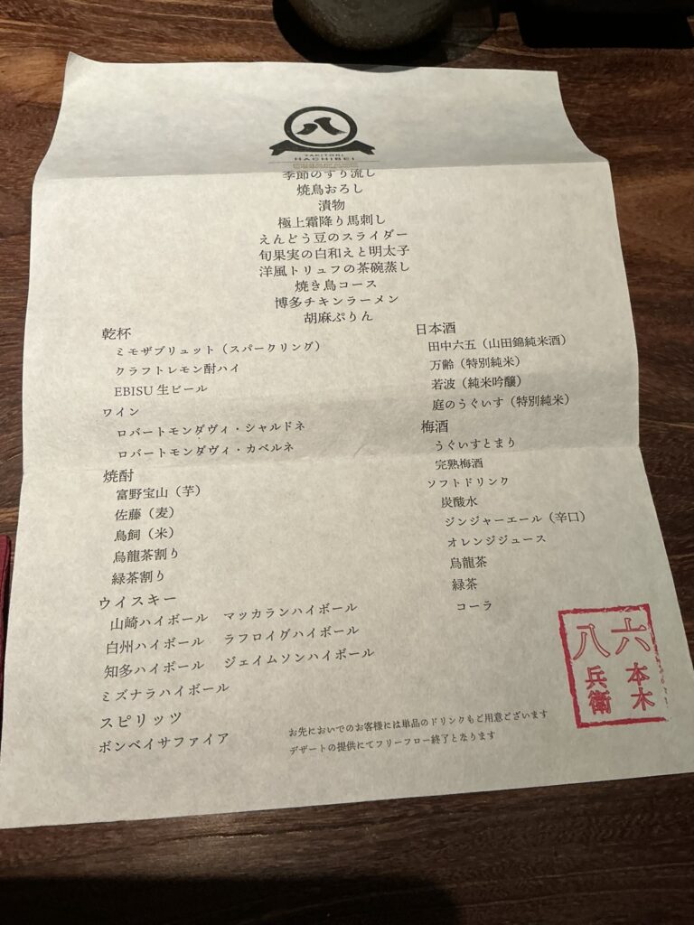 焼とりの八兵衛のメニュー