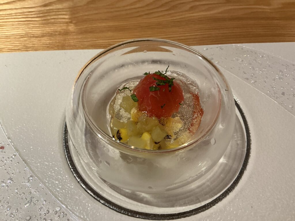 銀座幸の羽の野菜のコンポーネント　白ワインジュレ