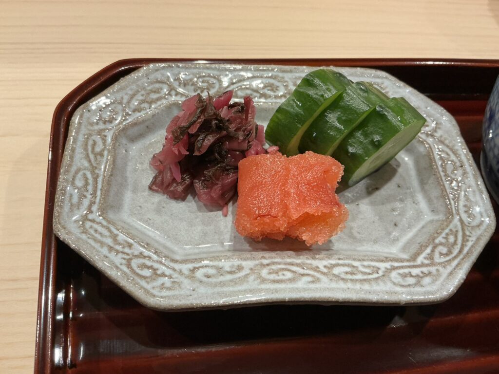 三田ゆうみの明太子、しば漬け、キュウリの糠漬け