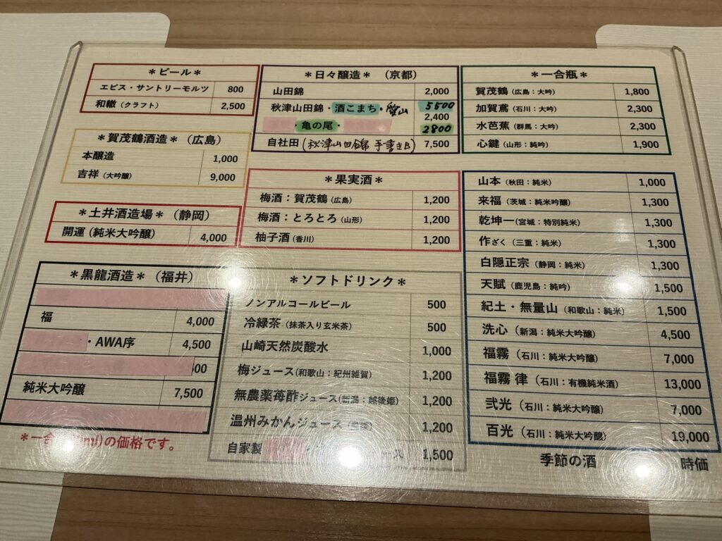 鮨みずかみの日本酒メニュー
