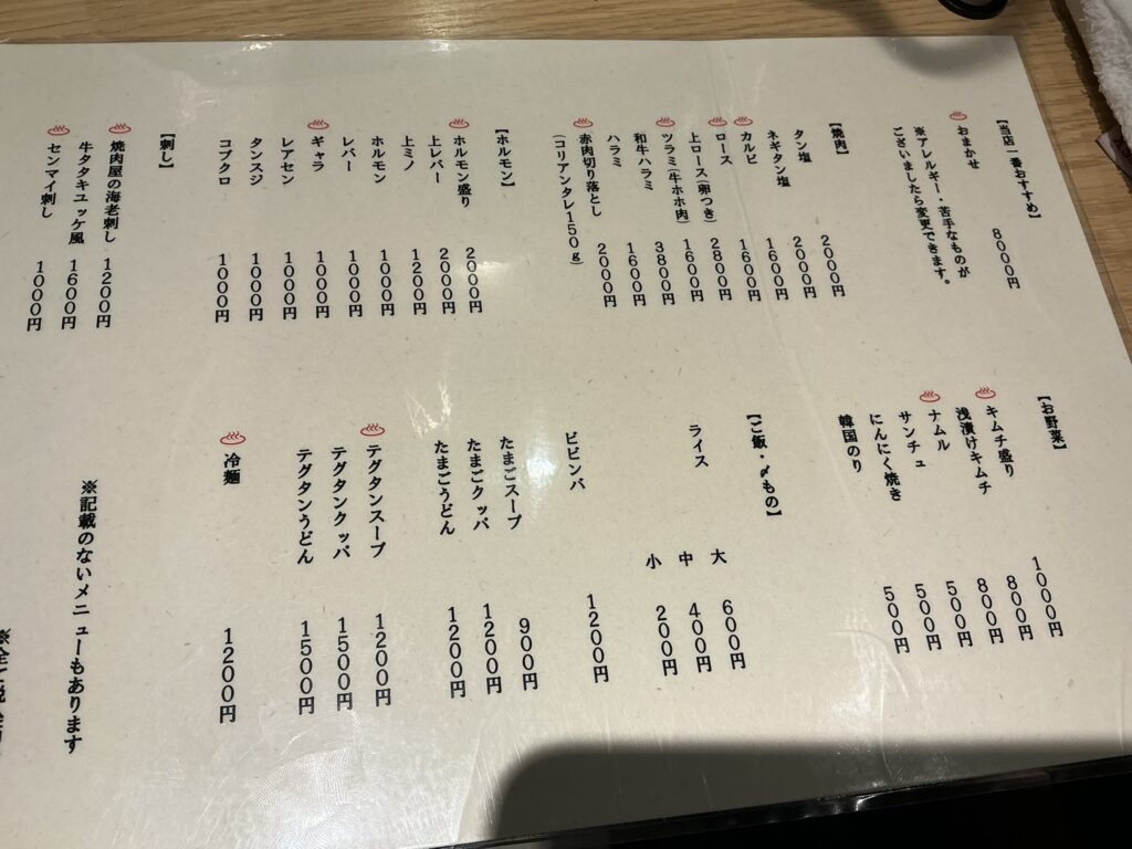 焼肉ここちのメニュー