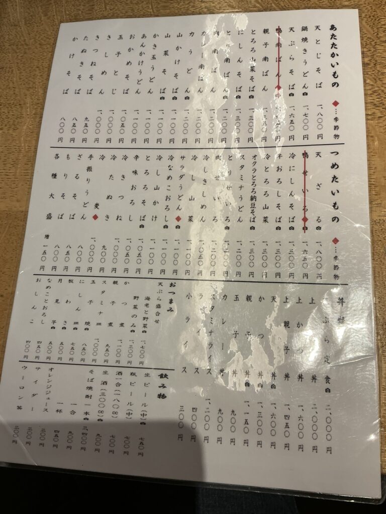二天門やぶのメニュー
